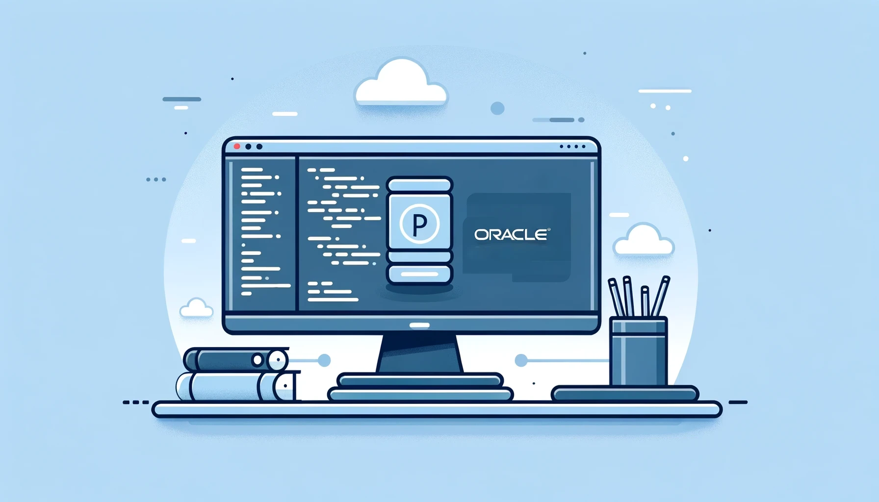 A minimalist, flat 2D illustration that visualizes data flow between a PHP script and an Oracle database. The image depicts a streamlined, abstract representation of data transfer, with symbolic icons for PHP and Oracle in digital greens and blues.